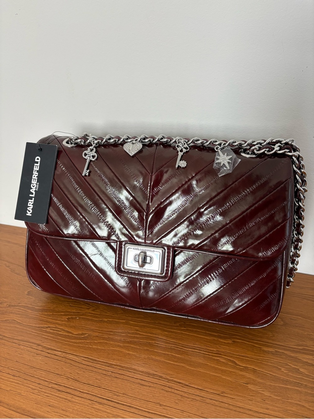 KARL LAGERFELD Paris Purse Agyness Chevron Eel Leather Satchel Charm Chain Strap